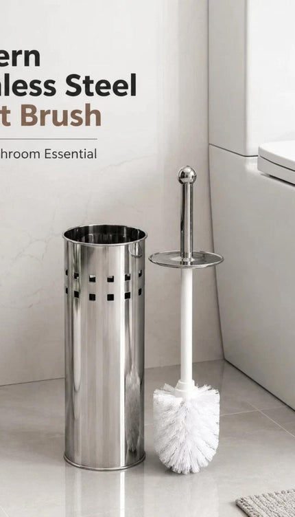Toilet Brush & Holder Set Silver Stainless Steel Long Handle WC Cleaning Brush with Mirror Finish Storage Holder Bathroom Accessory