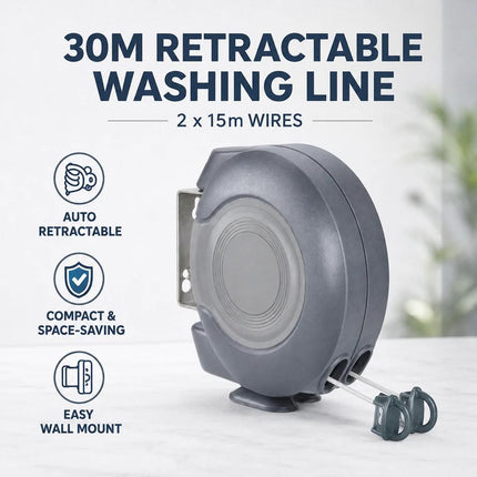 30M Retractable Clothes Line 30KG Heavy Duty Double Washing Line Extendable Wall Mounted Dryer