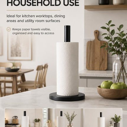 Kitchen Roll Holder Pack of 2 Free Standing Matt Black Stainless Steel Paper Towel Stand Countertop Holder 31.8cm