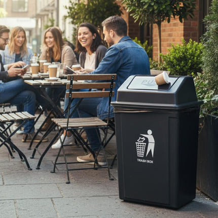 Large Plastic Swing Lid Trash Can Bin – Black Push Top Kitchen Rubbish & Recycling Waste Dustbin for Home, Office or Utility Room