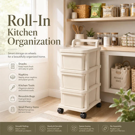 Storage Trolley 3 Tier Drawer Cabinet Plastic on Wheels for Kitchen Bathroom Bedroom Home Office Organisation