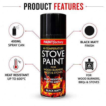 400ml Stove Spray Paint Black Matt | Heat Resistant Paint for Wood Burners Fireplaces BBQs & Metal Surfaces