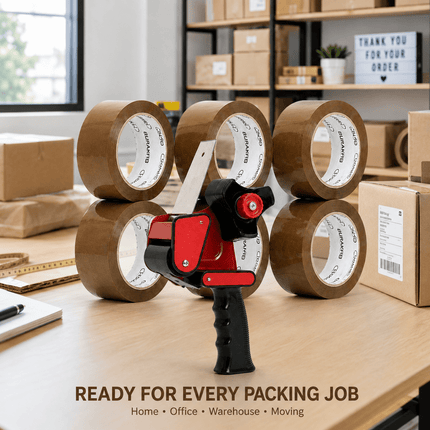 6 Rolls Brown Packing Tape with Tape Gun Dispenser 48mm x 66m, Parcel Sealing Tape for Boxes, Moving, Shipping and Packaging