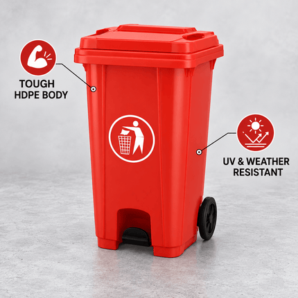 120L Red Outdoor Wheelie Bin with Lid, Heavy Duty HDPE Waste Rubbish Dustbin with Rubber Wheel