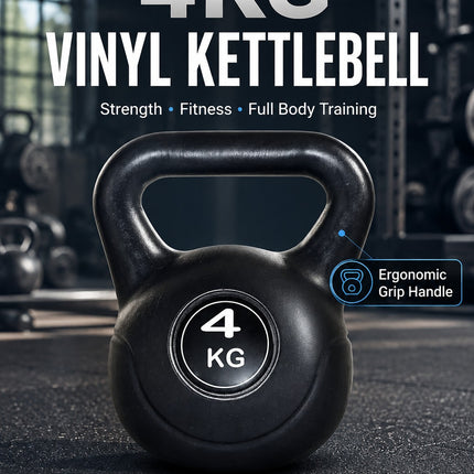 Vinyl Kettlebell Weight 4KG–20KG, Cast Iron Strength Training Equipment with Wide Grip Handle & Stable Flat Base, Free Weight for Home Gym, Squats, Swings and Full Body Workouts