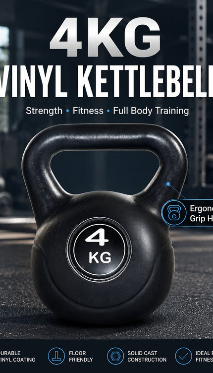 Vinyl Kettlebell Weight 4KG–20KG, Cast Iron Strength Training Equipment with Wide Grip Handle & Stable Flat Base, Free Weight for Home Gym, Squats, Swings and Full Body Workouts