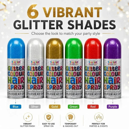 6 Pack Temporary Hair Colour Spray 200ml Washable Glitter & Classic Colours for Special Occasion Temporary Washable Fancy Dress Up Hairspray Party Festival Fancy Dress Styling