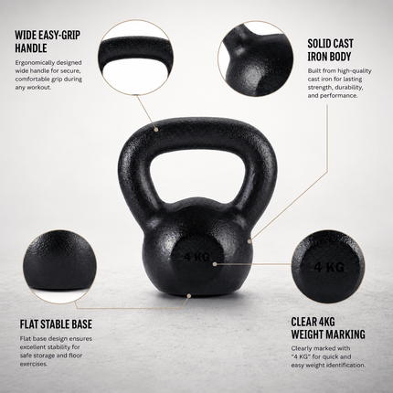 4kg Cast Iron Kettlebell, Black Strength Training Weight with Flat Base for Home Gym Workouts