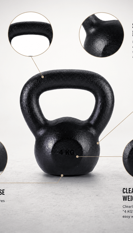 4kg Cast Iron Kettlebell, Black Strength Training Weight with Flat Base for Home Gym Workouts
