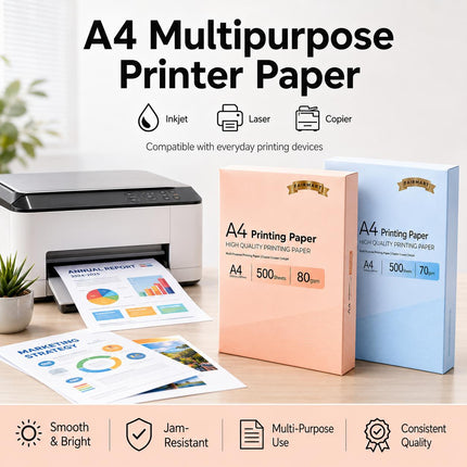 A4 Multipurpose Printer Paper White 70GSM 80GSM 500 Sheets 1 Ream Copy Paper for Inkjet Laser Copier Home Office School Printing