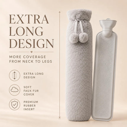 Hot Water Bottle with Soft Fleece Extra Long 2.2L Cover Body Pain Relief for Back, Neck, Shoulders & Legs  Light Grey