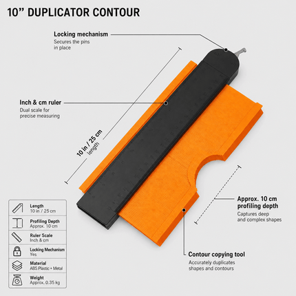 10 Inch Contour Gauge with Lock, ABS Shape Duplicator Profile Measuring Tool with Inch & CM Scale for Tiling, Laminate Flooring, Carpentry and DIY