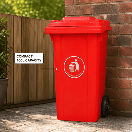 100L Red Wheelie Bin with Lid and Rubber Wheels, Heavy Duty HDPE Outdoor Refuse Waste Bin, 74 x 53 x 45 cm, for Home, Flat, Garage and Workplace