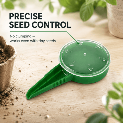 Seed Sower Dispenser with 5 Adjustable Dial Settings, Handheld Garden Seeder Spreader for Flower, Grass, Vegetable and Small Seeds, Easy Planting Tool