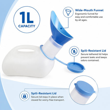 Unisex Portable Urinal Bottle 1L with Lid & Funnel Reusable Travel Pee Container for Patients, Elderly, Camping & Emergency Use