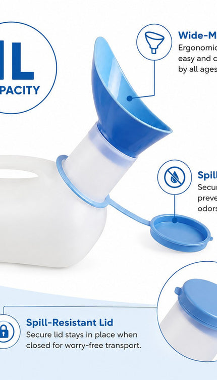 Unisex Portable Urinal Bottle 1L with Lid & Funnel Reusable Travel Pee Container for Patients, Elderly, Camping & Emergency Use