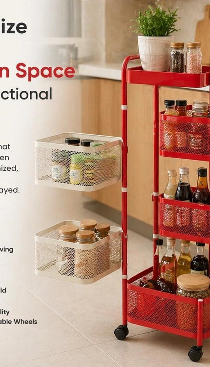 6 Tier Rotating Storage Trolley Rack, Carbon Steel Organiser Cart, Red & White