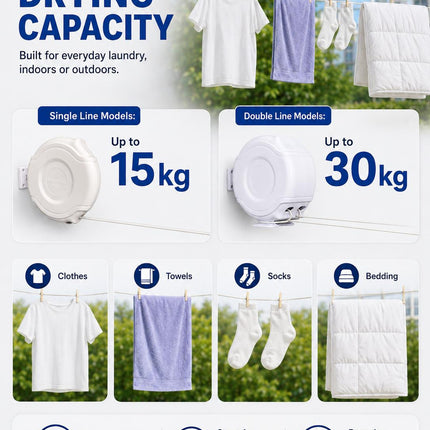 Retractable Clothes Reel Wall Mounted Drying Line 12m 15m 26m 30m Indoor Outdoor Laundry Airer Space Saving