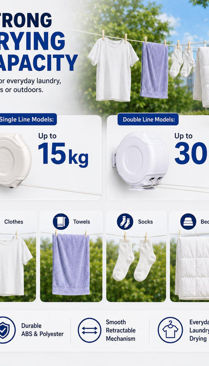 Retractable Clothes Reel Wall Mounted Drying Line 12m 15m 26m 30m Indoor Outdoor Laundry Airer Space Saving