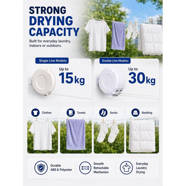 Retractable Clothes Reel Wall Mounted Drying Line 12m 15m 26m 30m Indoor Outdoor Laundry Airer Space Saving
