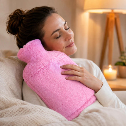 2L Hot Water Bottle with Luxury Faux Fur Cover & Hand Warmer Pocket, Soft Winter Heat Bag with Secure Screw Cap for Bed, Sofa, Back, Tummy, Hands & Feet – Pink, Dark Grey, Light Grey