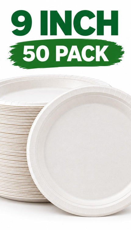 50 Pack Disposable Plates , Biodegradable Sugarcane for Parties, BBQs & Picnics, Choice of 7, 9 or 10 Inch