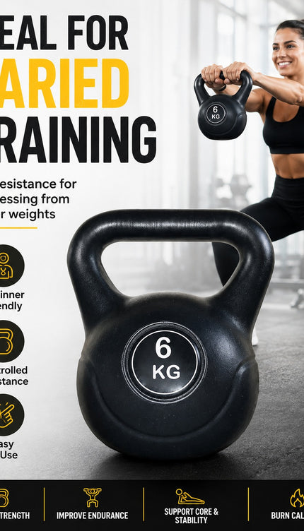 Vinyl Kettlebell Weight 4KG–20KG, Cast Iron Strength Training Equipment with Wide Grip Handle & Stable Flat Base, Free Weight for Home Gym, Squats, Swings and Full Body Workouts