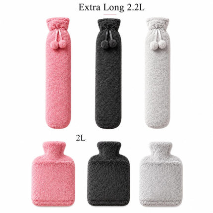 Hot Water Bottle 2L & Extra Long 2.2L with Soft Faux Fur Fleece Cover Reusable Winter Bed Warmer for Neck, Back, Stomach, Hands & Feet  Drinkware Portable Bottle