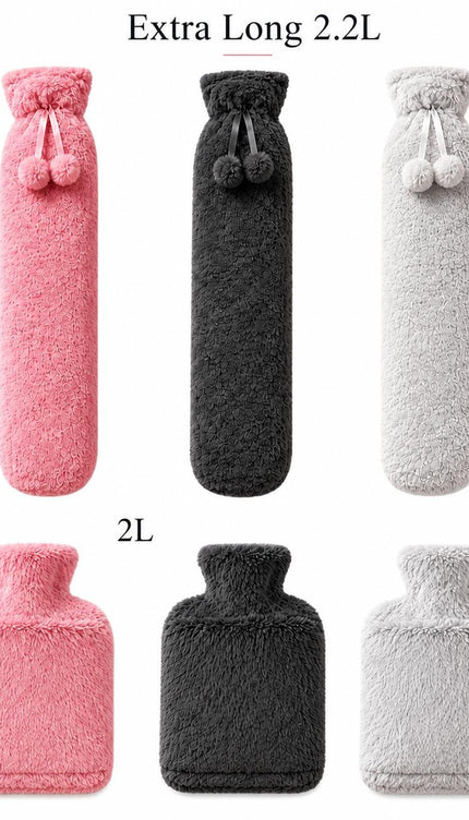 Hot Water Bottle 2L & Extra Long 2.2L with Soft Faux Fur Fleece Cover Reusable Winter Bed Warmer for Neck, Back, Stomach, Hands & Feet  Drinkware Portable Bottle