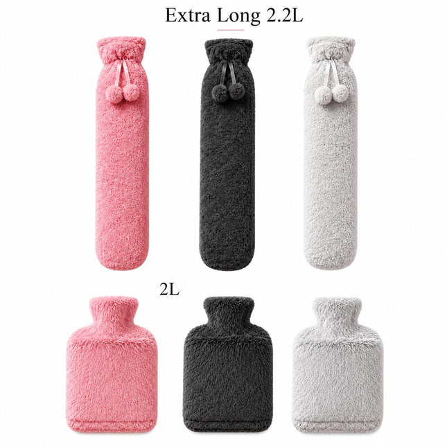 Hot Water Bottle 2L & Extra Long 2.2L with Soft Faux Fur Fleece Cover Reusable Winter Bed Warmer for Neck, Back, Stomach, Hands & Feet  Drinkware Portable Bottle