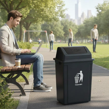 Large Plastic Swing Lid Trash Can Bin – Black Push Top Kitchen Rubbish & Recycling Waste Dustbin for Home, Office or Utility Room