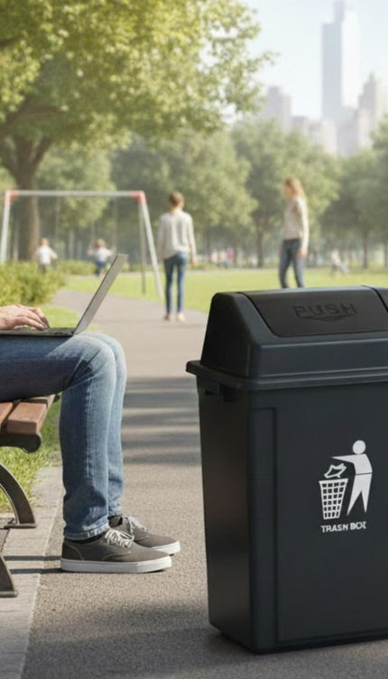 Large Plastic Swing Lid Trash Can Bin – Black Push Top Kitchen Rubbish & Recycling Waste Dustbin for Home, Office or Utility Room
