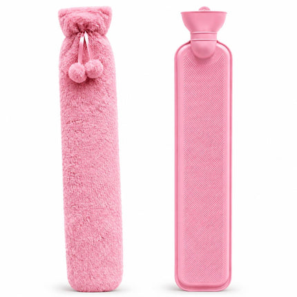 Hot Water Bottle with Soft Plush Fleece Extra Long 2.2L Cover  Pink  Long Heat Therapy Bottle for Neck, Back, Shoulders, Waist & Period Pain Relief