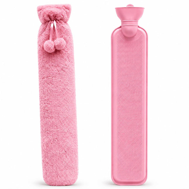 Hot Water Bottle with Soft Plush Fleece Extra Long 2.2L Cover  Pink  Long Heat Therapy Bottle for Neck, Back, Shoulders, Waist & Period Pain Relief