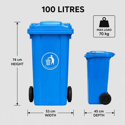 100L Wheelie Bin with Lid, Blue Heavy Duty HDPE Wheeled Refuse Bin with Rubber Wheels and Steel Axle, Outdoor Waste Bin for Home, Flat, Garage and Workplace, 74 × 53 × 45 cm