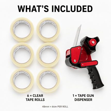 Packing Tape with Dispenser Gun, 6 Rolls 48mm x 66m Strong Parcel Tape for Boxes, Cartons, Moving, Shipping & Storage, Clear