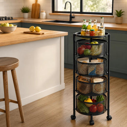 Rotating Kitchen Storage Trolley with Wheels – Multi-Layer Organizer Cart