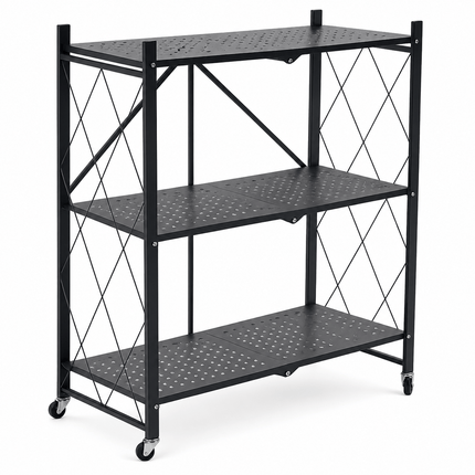 3 Tier Folding Storage Shelf Rack with Wheels, Freestanding Black Metal Shelving Unit, Foldable Mobile Organiser for Kitchen, Living Room, Bedroom, Office and Utility Room, Medium Size