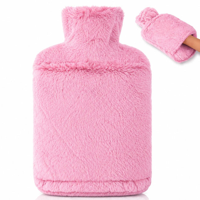 2L Hot Water Bottle with Soft Faux Fur Cover Pink Leakproof Warm Water Bottle Winter Warmer Heat Therapy for Back Pain, Period Cramps & Muscle Relief