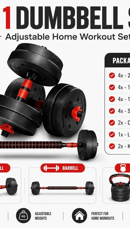 20kg 6-in-1 Adjustable Dumbbell Barbell & Kettlebell Set