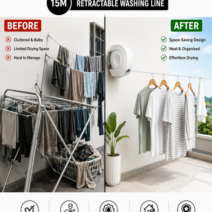 Retractable Clothes Reel Wall Mounted Drying Line 12m 15m 26m 30m Indoor Outdoor Laundry Airer Space Saving