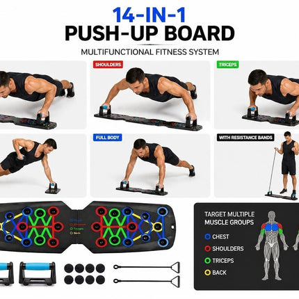 Multifunctional Push Up Board with Resistance Bands, Adjustable Handles Portable Home Gym Workout Equipment for Chest, Shoulders, Arms, Back and Full Body Strength Training Fitness Exercise System