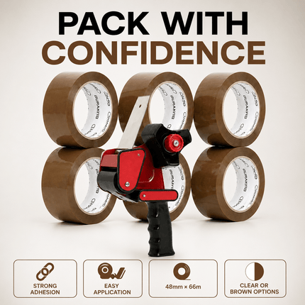 6 Rolls Brown Packing Tape with Tape Gun Dispenser 48mm x 66m, Parcel Sealing Tape for Boxes, Moving, Shipping and Packaging