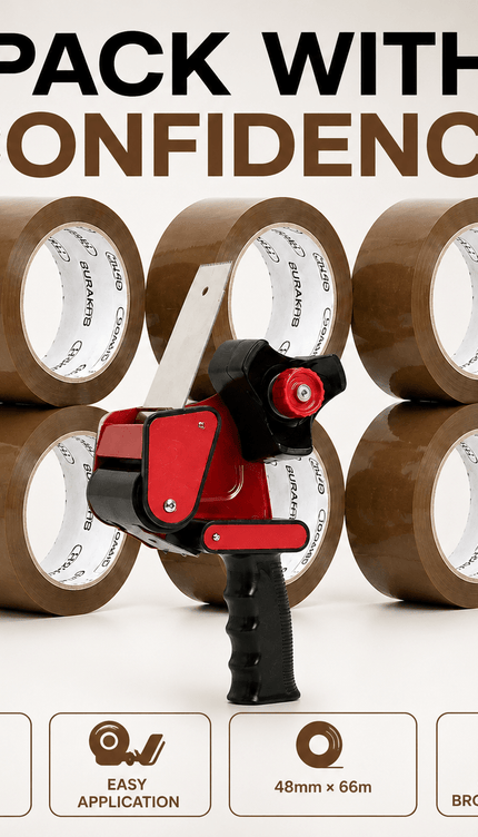 Brown Packing Tape with Tape Gun Dispenser – 6 Rolls, 48mm × 66m