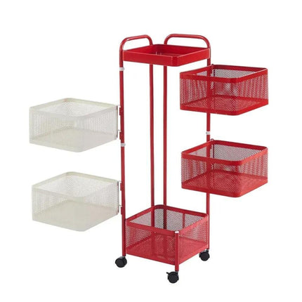 6 Tier Rotating Storage Trolley Rack, Carbon Steel Organiser Cart, Red & White