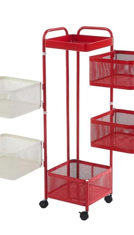 6 Tier Rotating Storage Trolley Rack, Carbon Steel Organiser Cart, Red & White