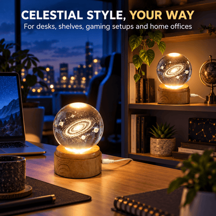 3D Tree of Life Crystal Ball LED Decorative Lamp, 6cm Glass Globe with 360° Rotating Wooden-Effect Base, Warm White USB Powered Ornament, Pack of 2