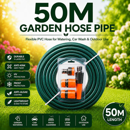 50M Extendable PVC Garden Hose Pipe, Strong Flexible Lightweight Watering Hose for Lawn, Plants, Car Washing, Patio Cleaning and Outdoor Use