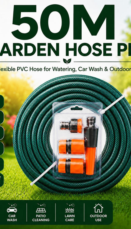 50M Extendable PVC Garden Hose Pipe, Strong Flexible Lightweight Watering Hose for Lawn, Plants, Car Washing, Patio Cleaning and Outdoor Use