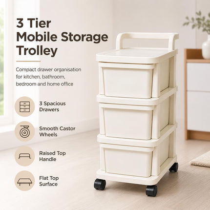 Storage Trolley 3 Tier Drawer Cabinet Plastic on Wheels for Kitchen Bathroom Bedroom Home Office Organisation